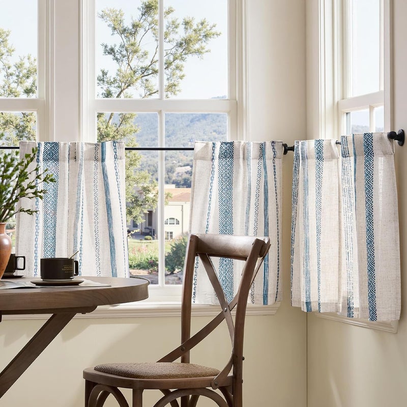 jinchan Boho Kitchen Curtains 24 Inch Linen Tier Curtains with Geometric Pattern Bohemian Cafe Small Light Filtering Window Treatment for Living Room RV Back Tab 2 Panels Blue on Linen - Image 3